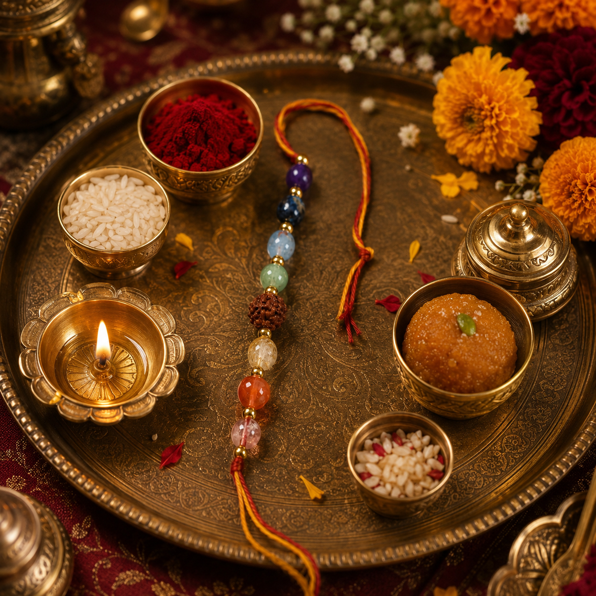 7 Chakra Stone Thread with Rudraksha in Pooja Thali