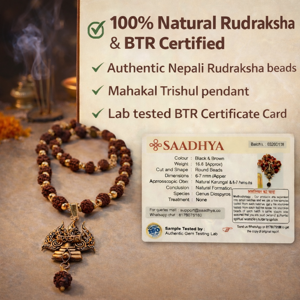 Golden Capped Rudraksha Mala with Trishul Mahakal Pendent