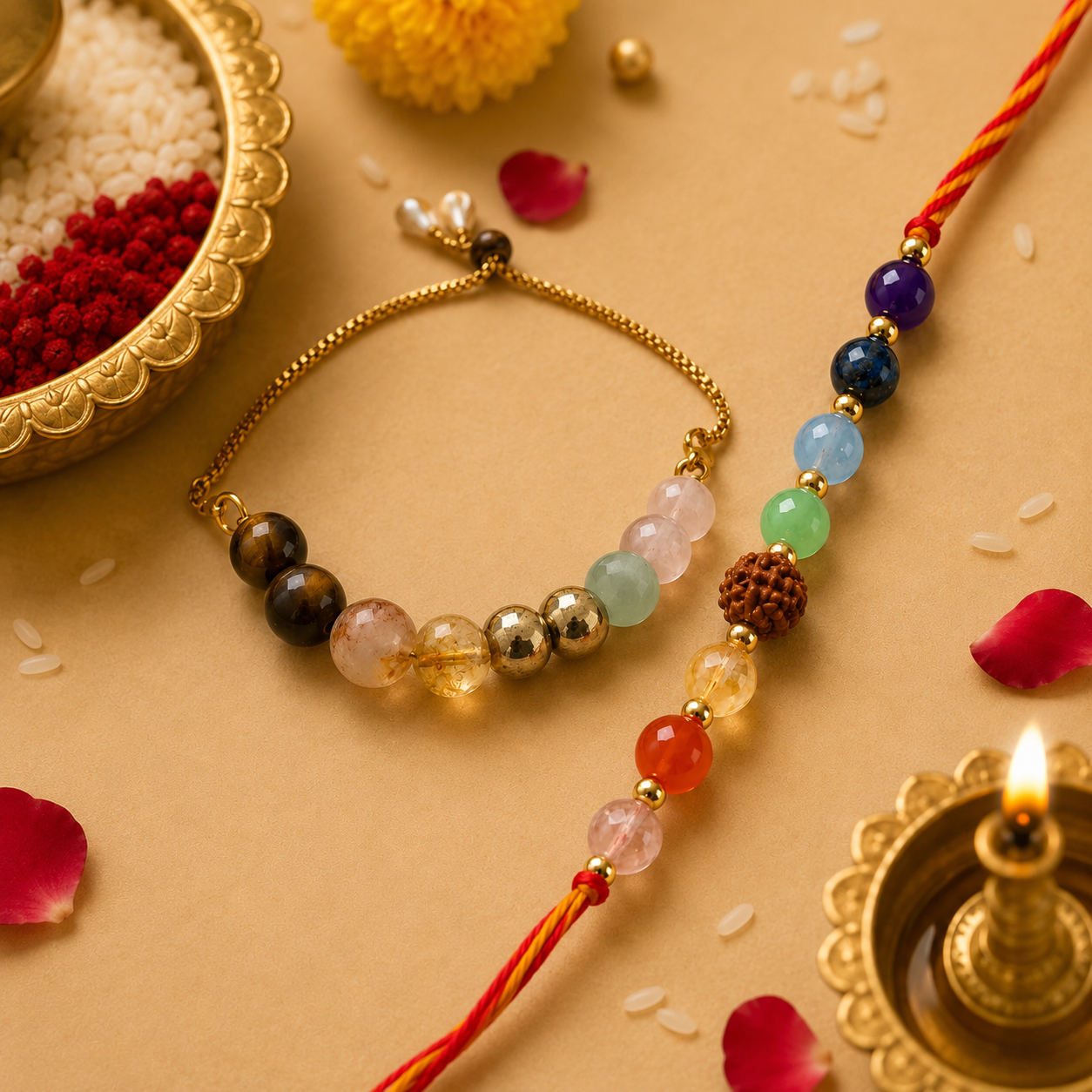 7 Chakra Stone Rakhi with Rudraksha for Bhai and Dhan Labh Rakhi/Bracelet for Bhabhi