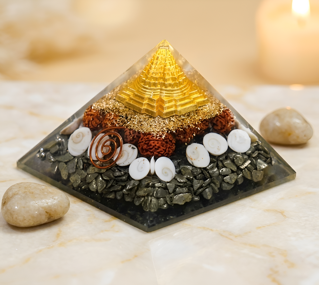 Dhanlabh Pyramid with Shree Yantra, Rudraksha, Gomti Chakra & Pyrite