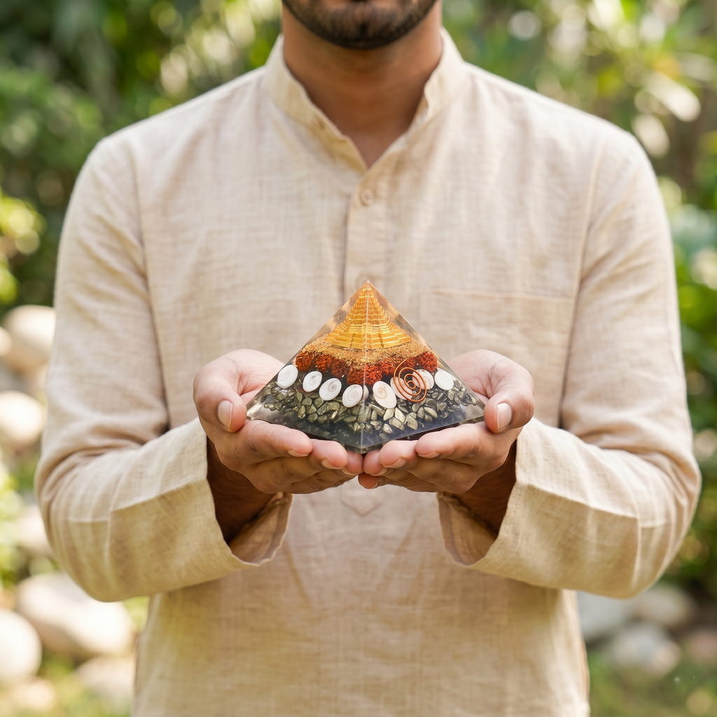 Dhanlabh Pyramid with Shree Yantra, Rudraksha, Gomti Chakra & Pyrite