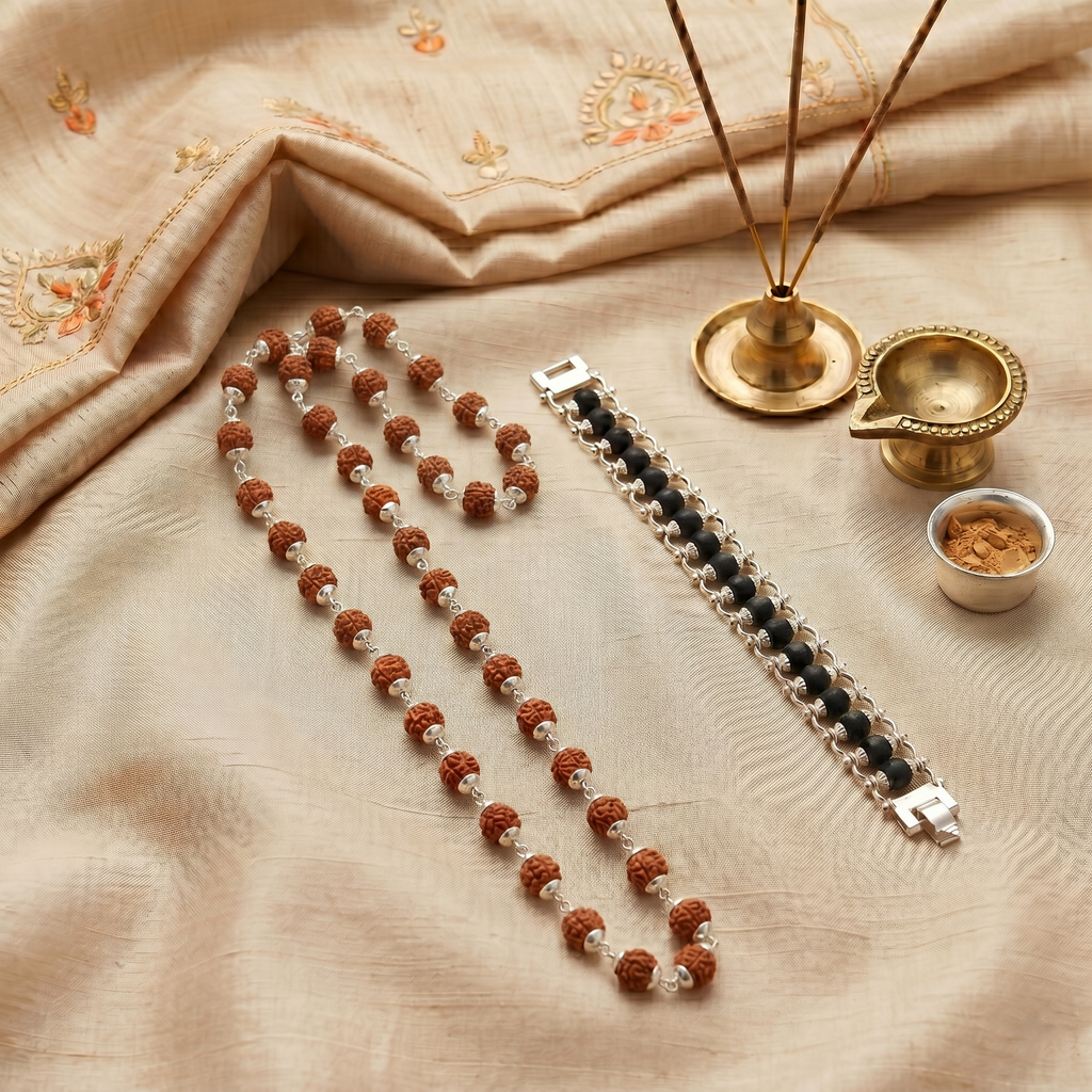 Silver Capped Rudraksha Mala & Modern Chain Bracelet Combo