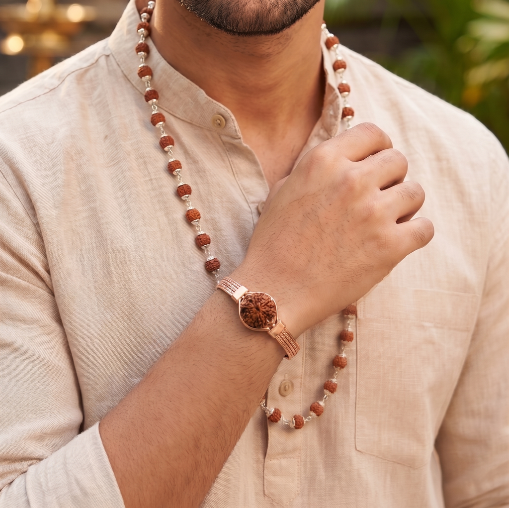 Silver Capped Rudraksha Mala & Kada Combo