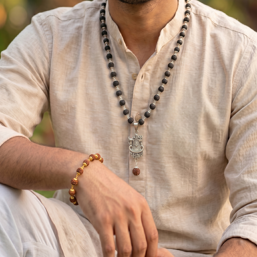 Karungali Silver Capped Mala & Linga Mahakal Pendent With Golden Rudraksha Bracelet Combo