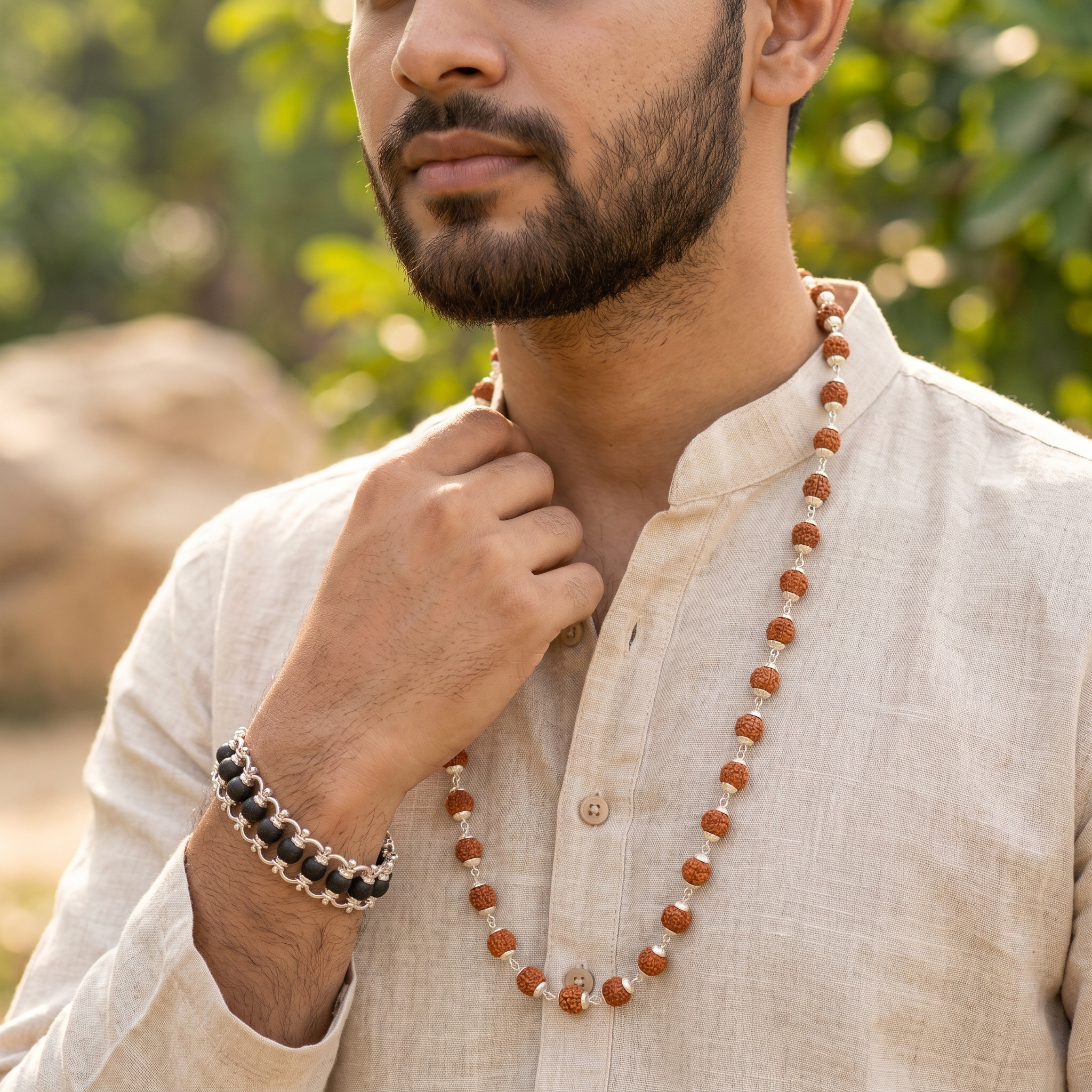 Silver Capped Rudraksha Mala & Modern Chain Bracelet Combo