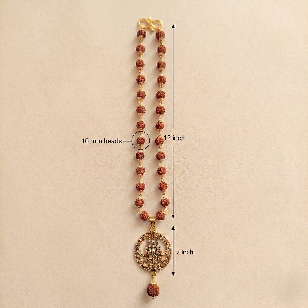 Golden Capped Rudraksha Mala with Mahadev Trishul Damru Round Pendent