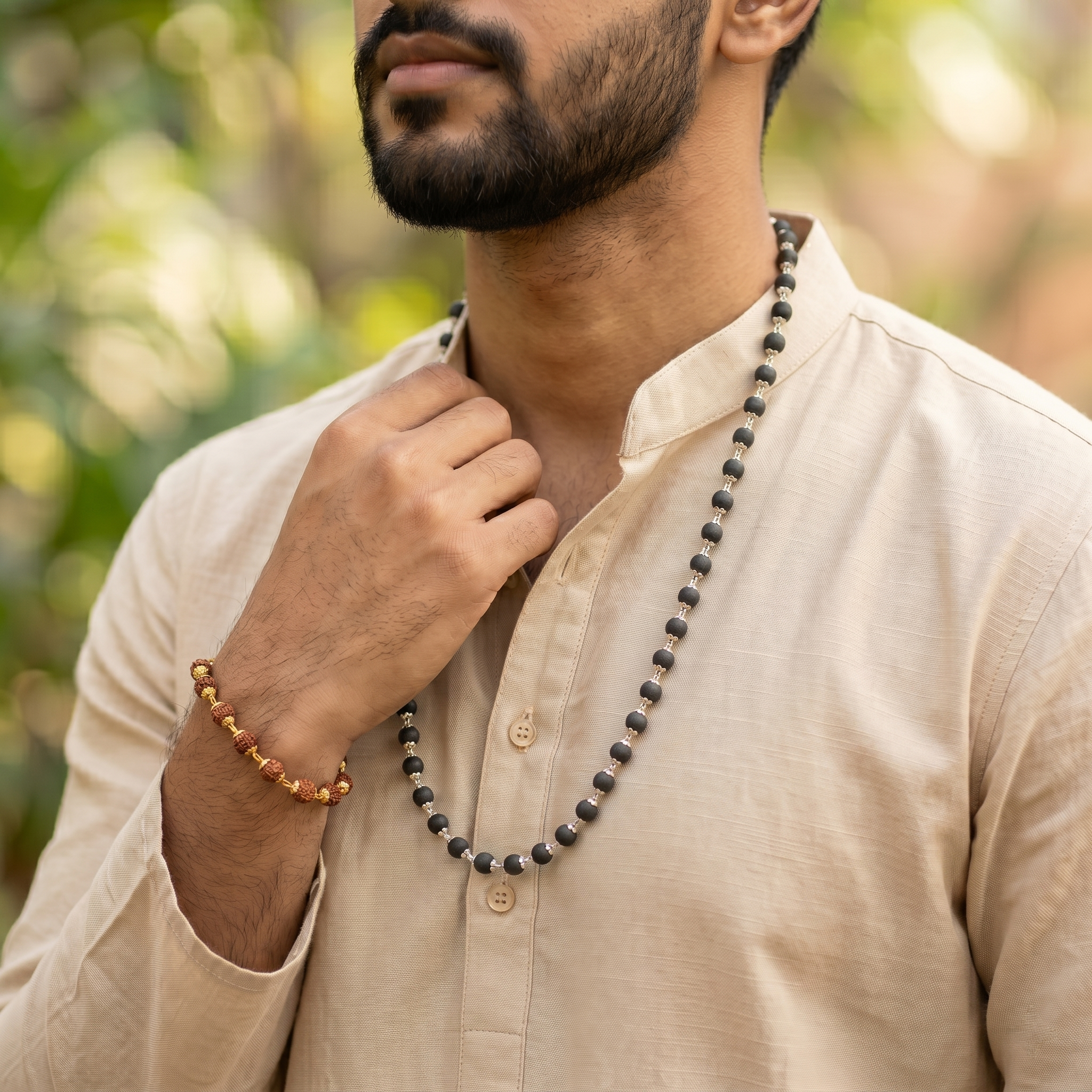 Karungali Silver Capped Mala & Golden Rudraksha Bracelet Combo