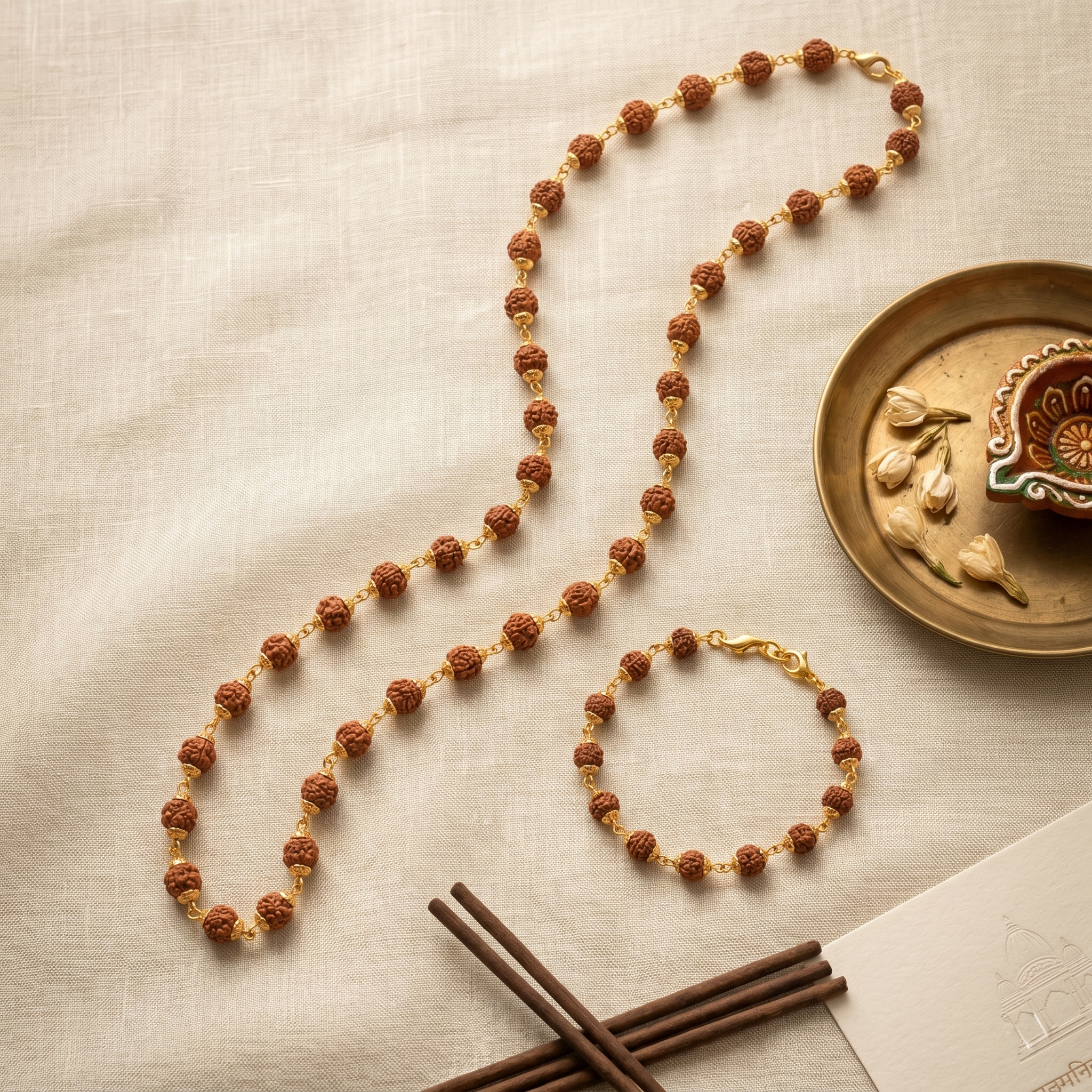 Golden Capped Rudraksha Mala & Golden Rudraksha Bracelet Combo