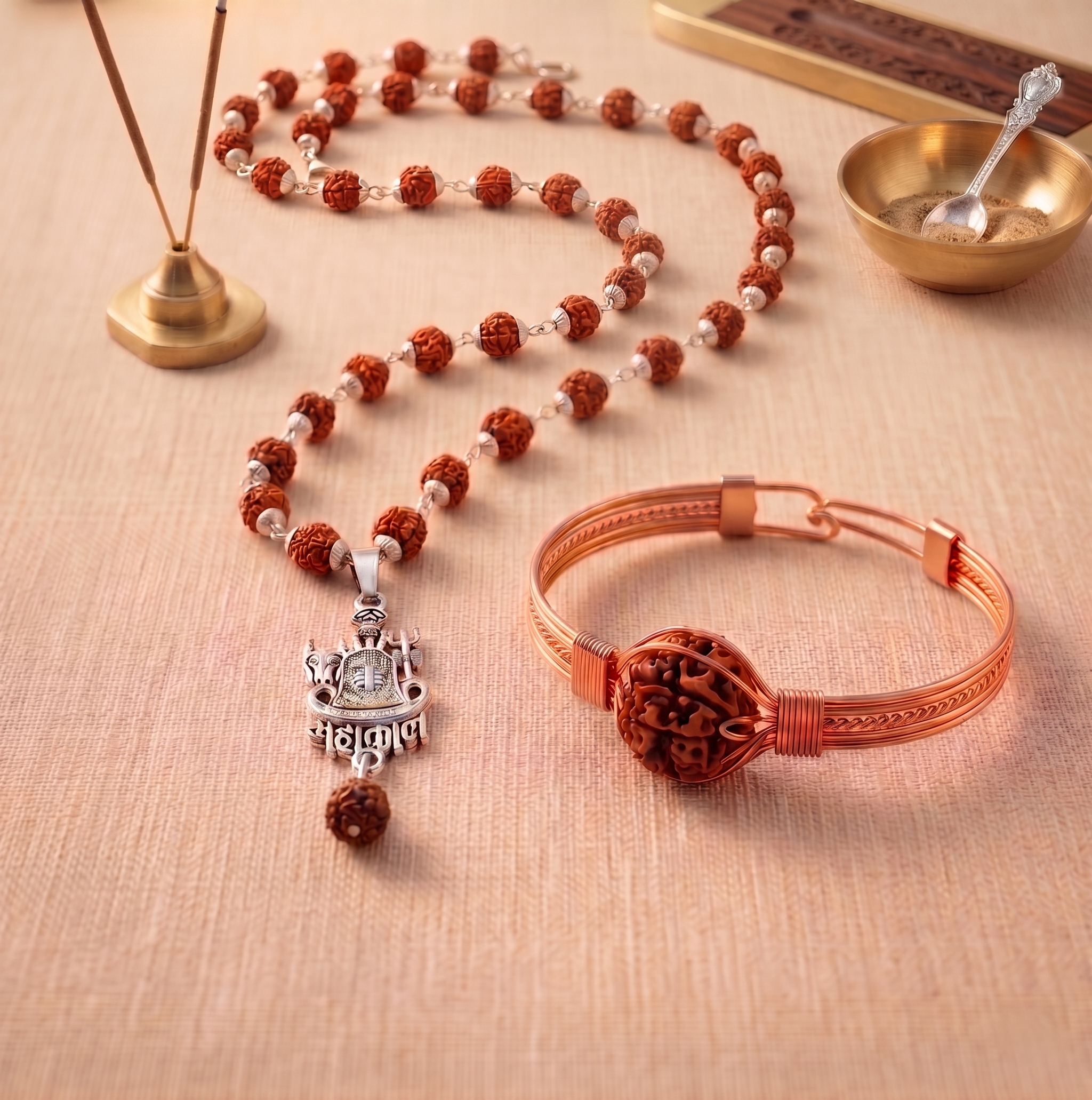 Rudraksha (Silver capped) linga mahakal mala & Kada combo