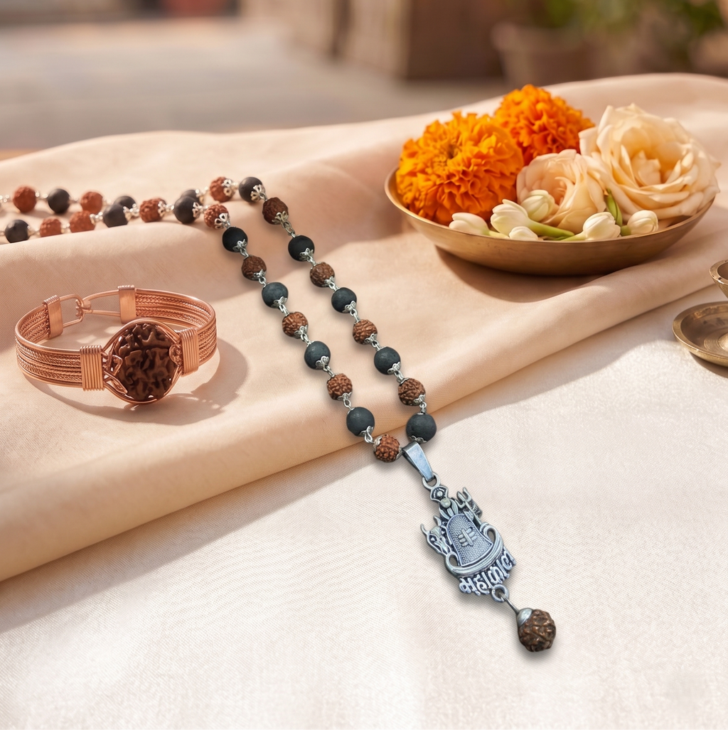 Silver Capped Karungali & Rudraksha Mala & Linga Mahakal Pendent With Kada Combo