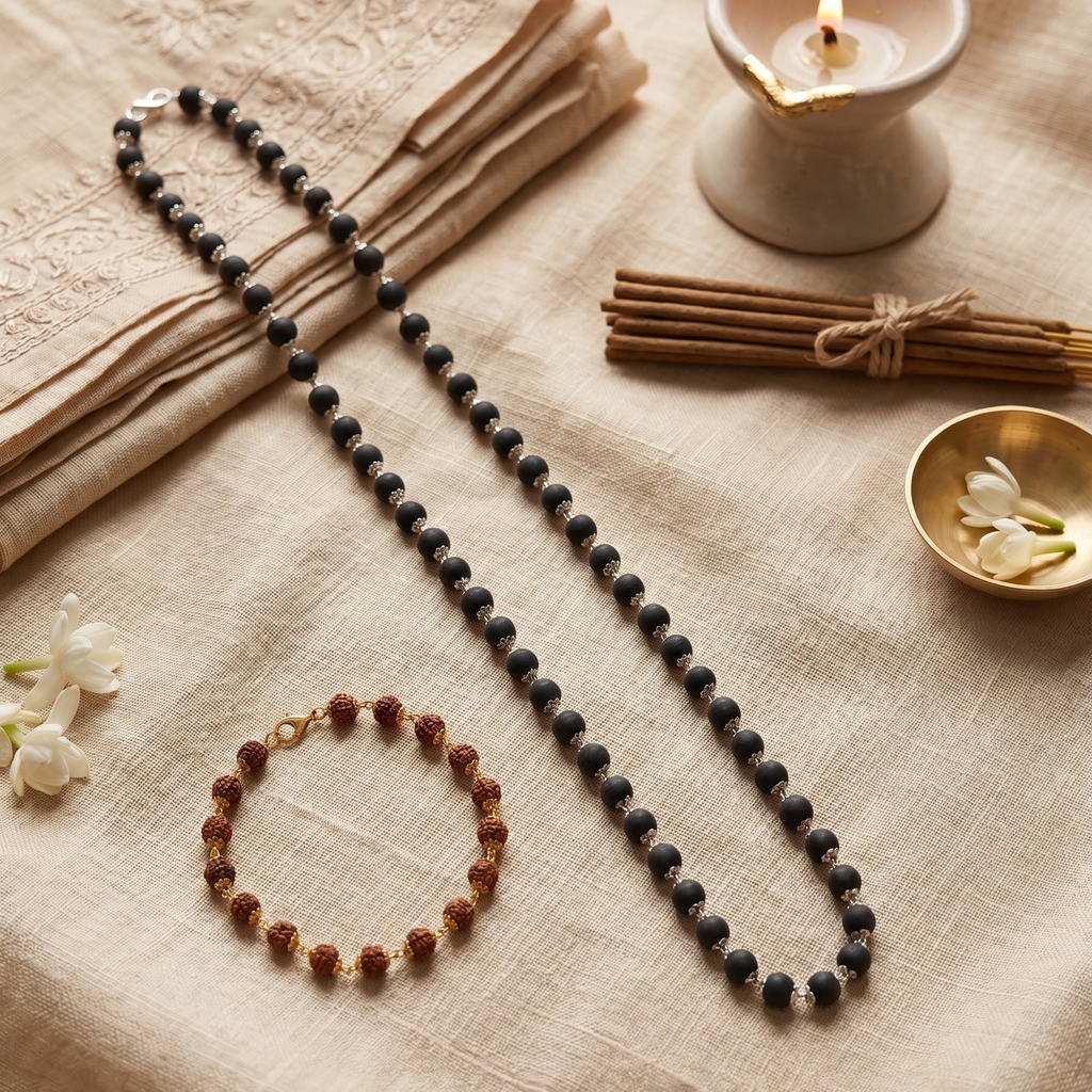 Karungali Silver Capped Mala & Golden Rudraksha Bracelet Combo