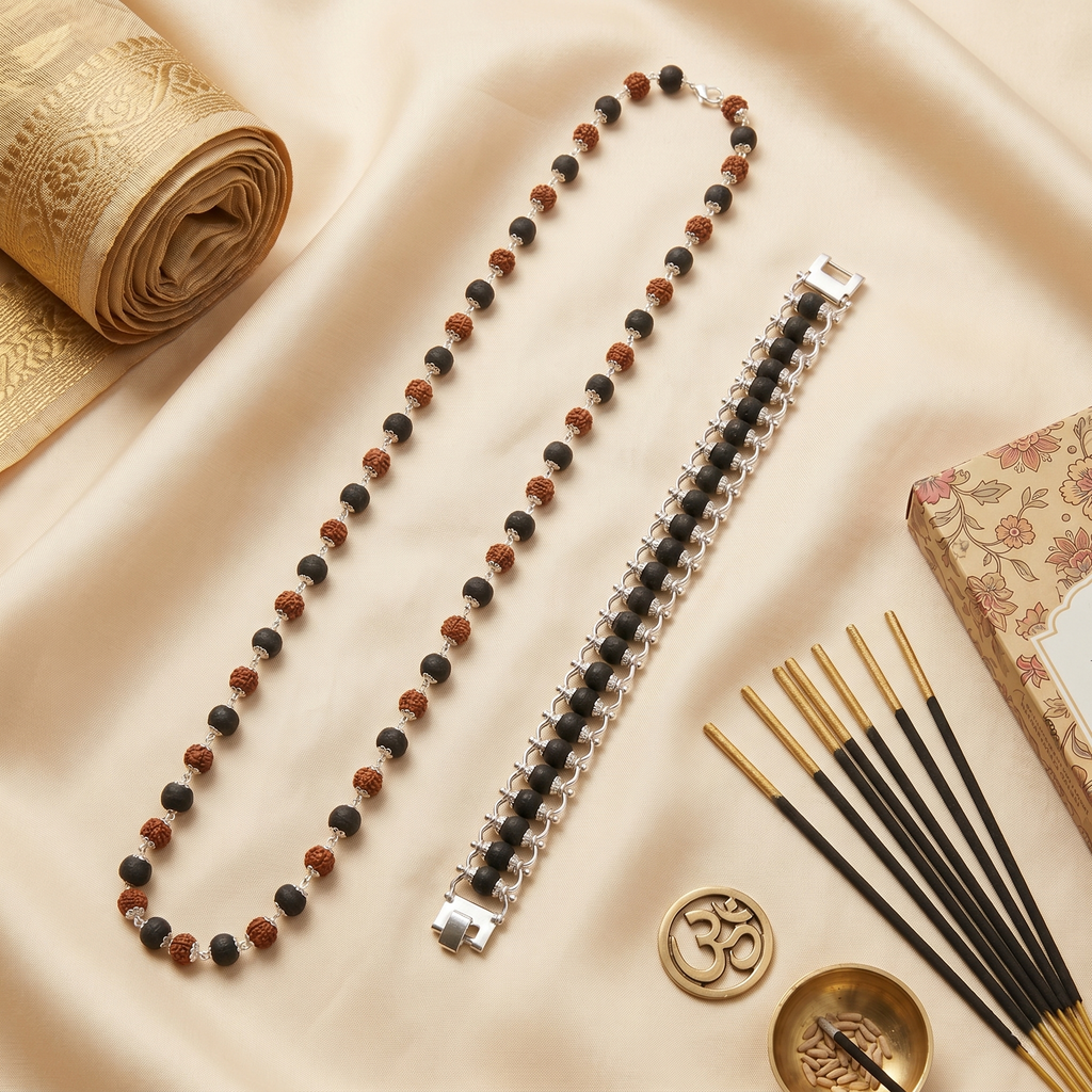 Silver Capped Karungali & Rudraksha Mala & Modern Chain Bracelet Combo