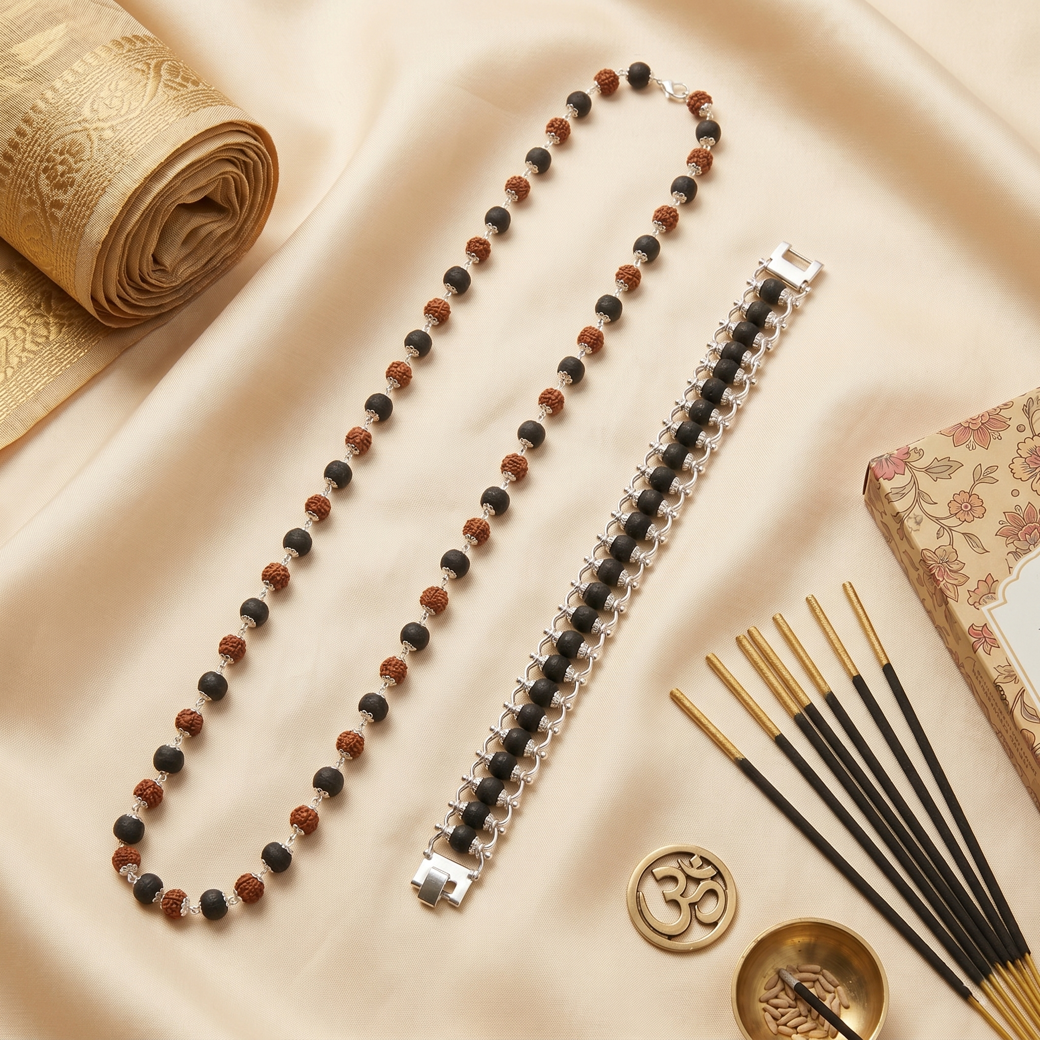 Silver Capped Karungali & Rudraksha Mala & Modern Chain Bracelet Combo