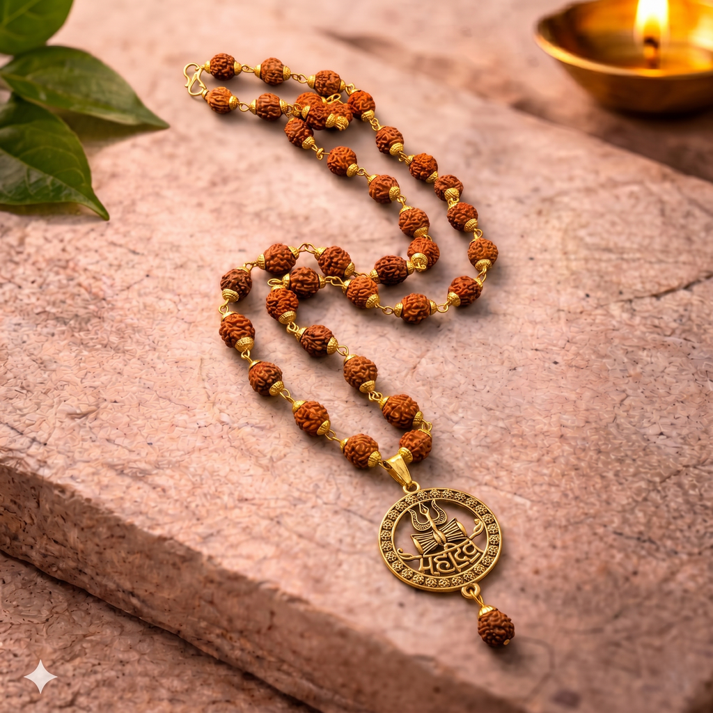 Golden Capped Rudraksha Mala with Mahadev Trishul Damru Round Pendent