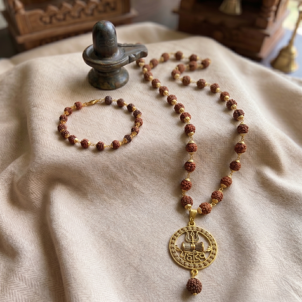 Golden Capped Rudraksha Mala & Mahadev Trishul Damru Round Pendent & Golden Rudraksha Bracelet Combo