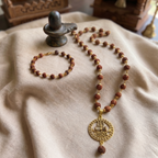 Golden Capped Rudraksha Mala & Mahadev Trishul Damru Round Pendent & Golden Rudraksha Bracelet Combo