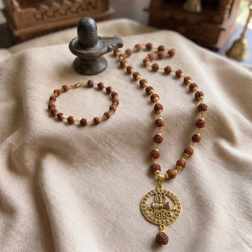 Golden Capped Rudraksha Mala & Mahadev Trishul Damru Round Pendent & Golden Rudraksha Bracelet Combo