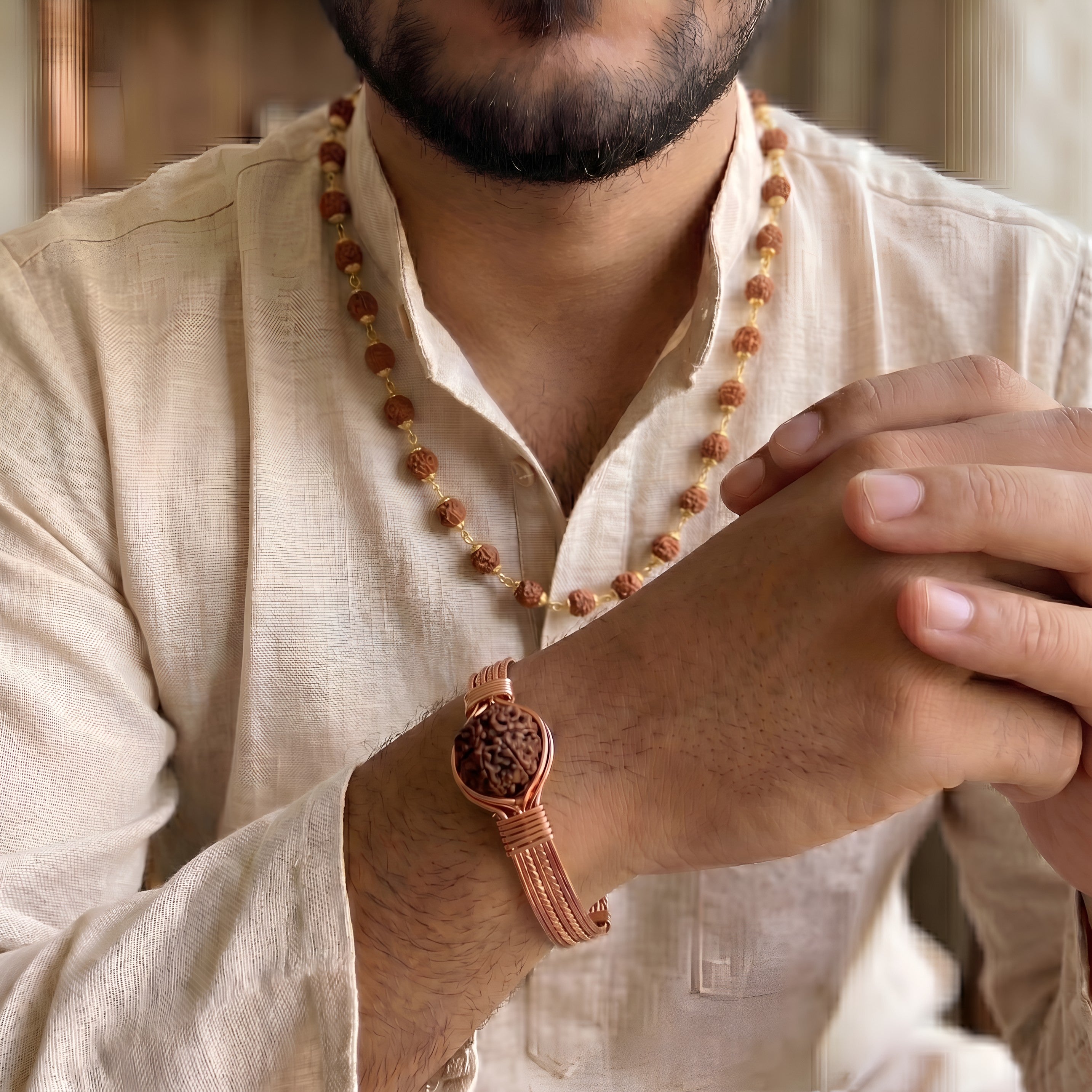 Gold Capped Rudraksha Mala & Kada Combo