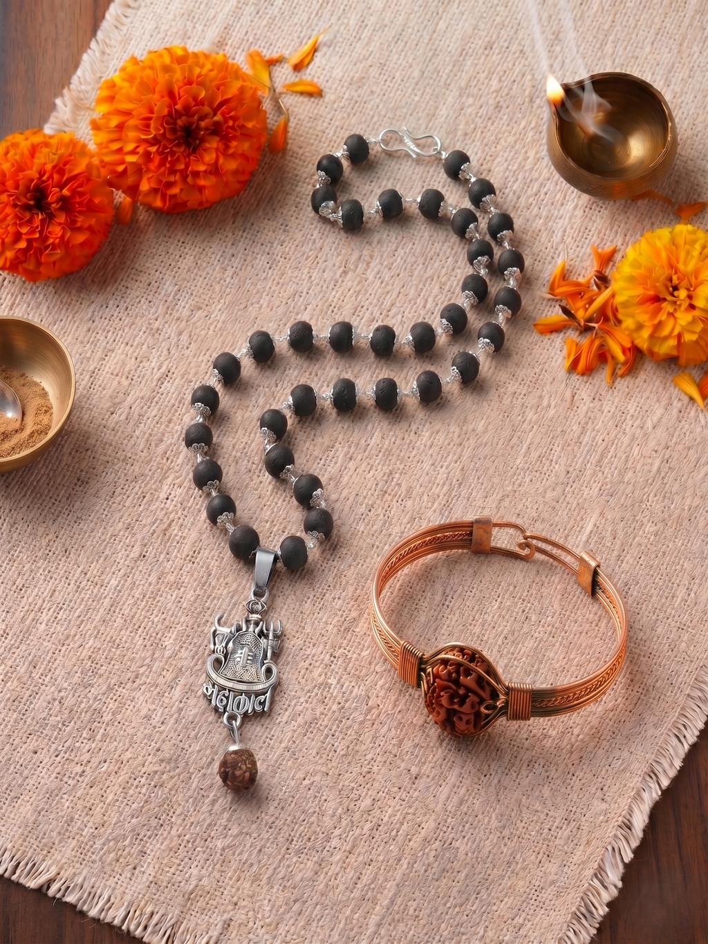 Karungali (Silver Capped) Mala & Linga Mahakal Pendent With Kada Combo