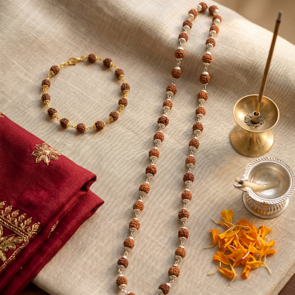 Silver Capped Rudraksha Mala & Golden Rudraksha Bracelet Combo