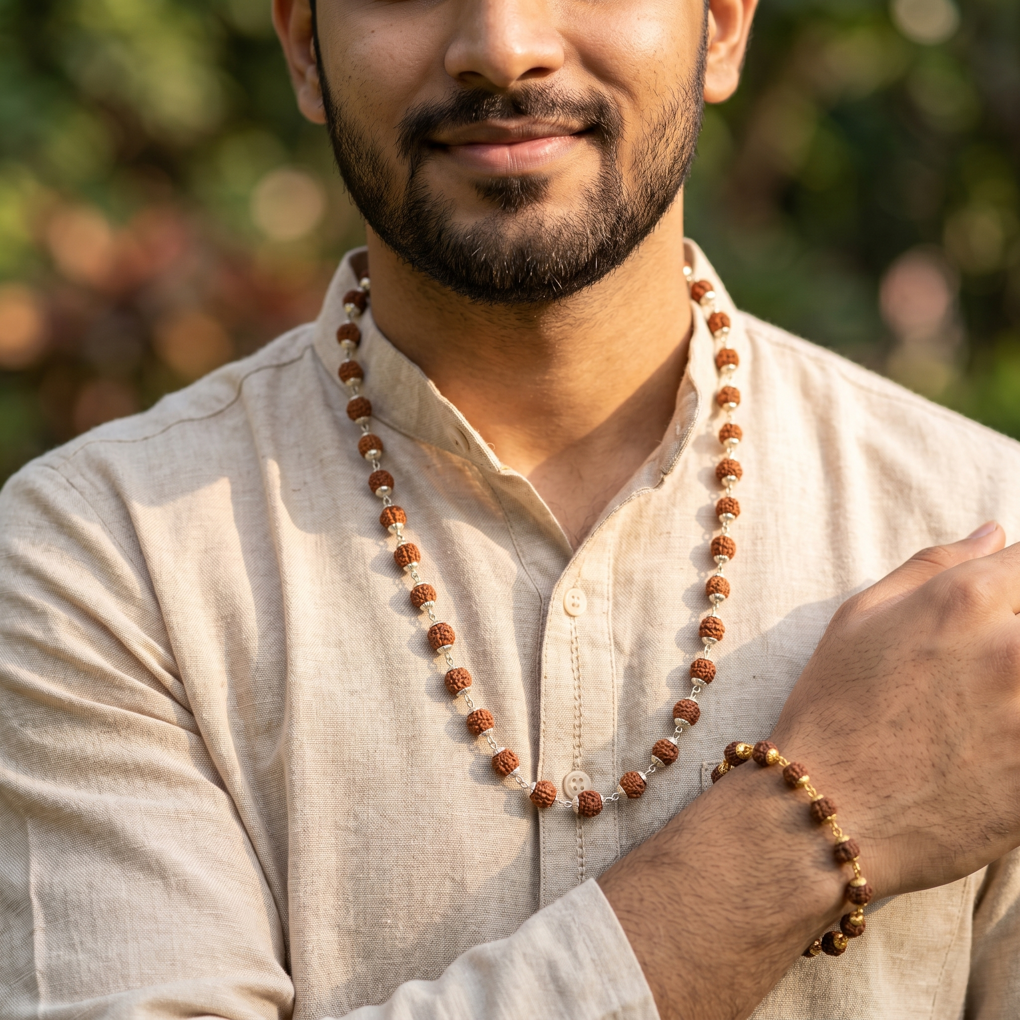 Silver Capped Rudraksha Mala & Golden Rudraksha Bracelet Combo