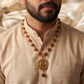 Golden Capped Rudraksha Mala with Mahadev Trishul Damru Round Pendent