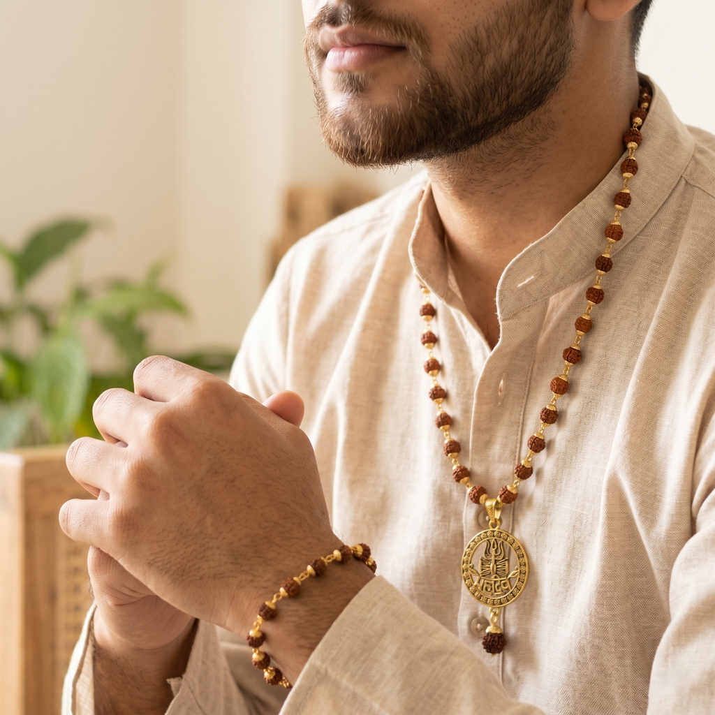 Golden Capped Rudraksha Mala & Mahadev Trishul Damru Round Pendent & Golden Rudraksha Bracelet Combo