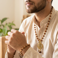Golden Capped Rudraksha Mala & Mahadev Trishul Damru Round Pendent & Golden Rudraksha Bracelet Combo
