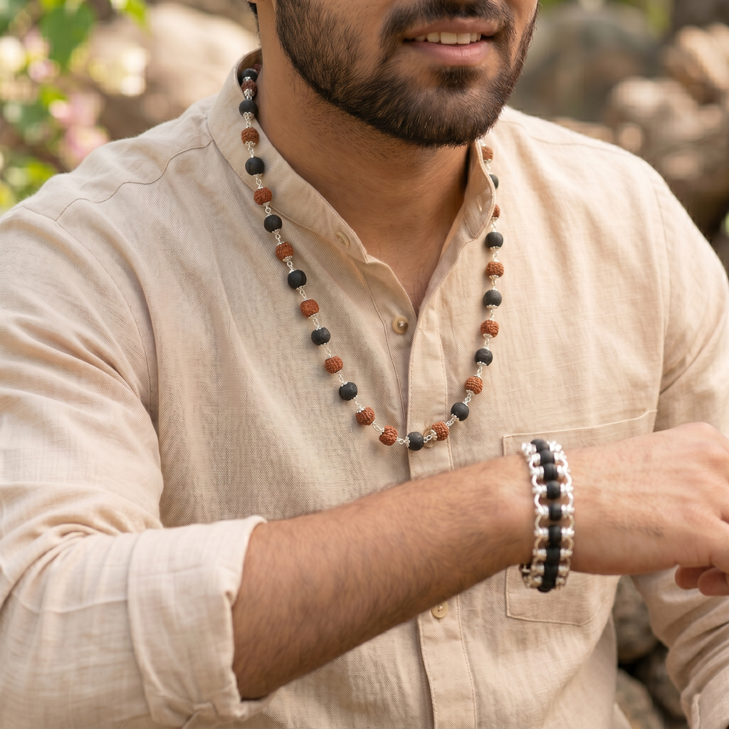 Silver Capped Karungali & Rudraksha Mala & Modern Chain Bracelet Combo