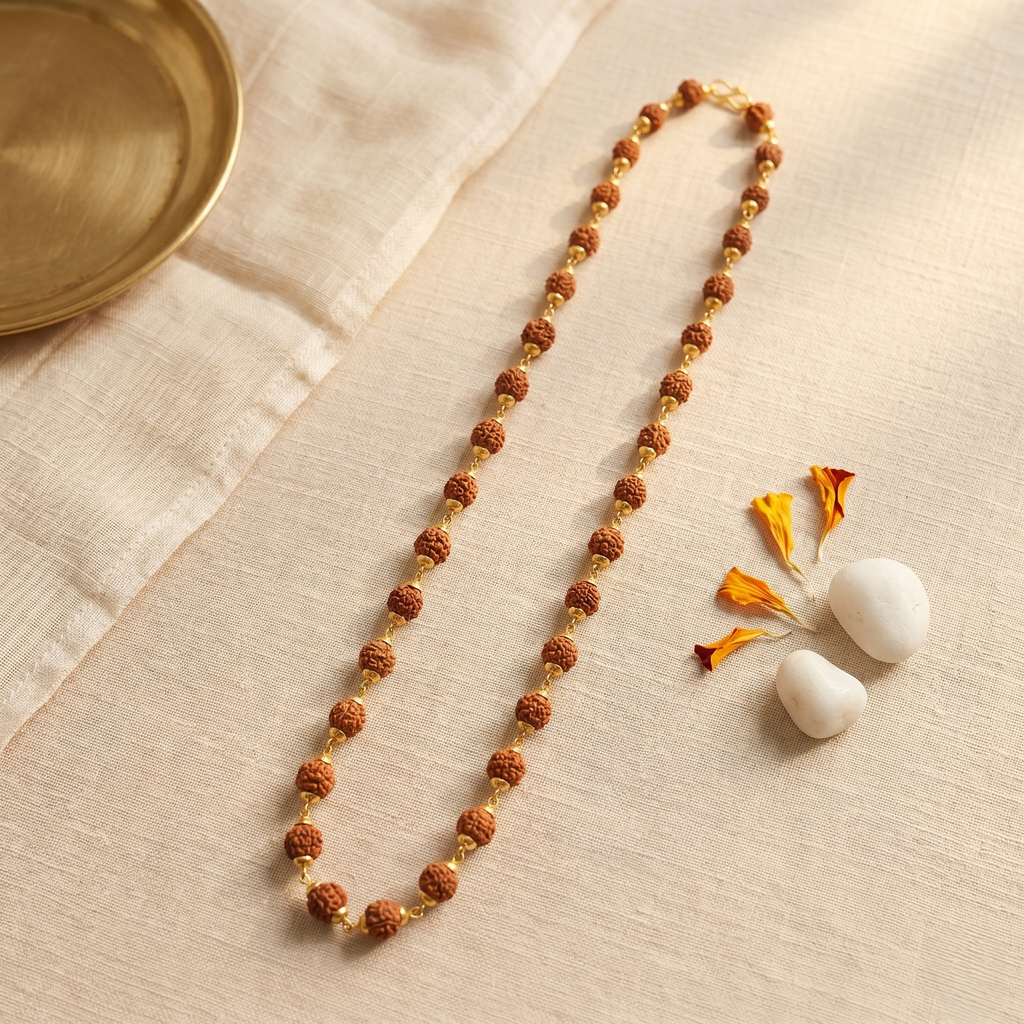 Golden Capped Rudraksha Mala ( Lab Certified)