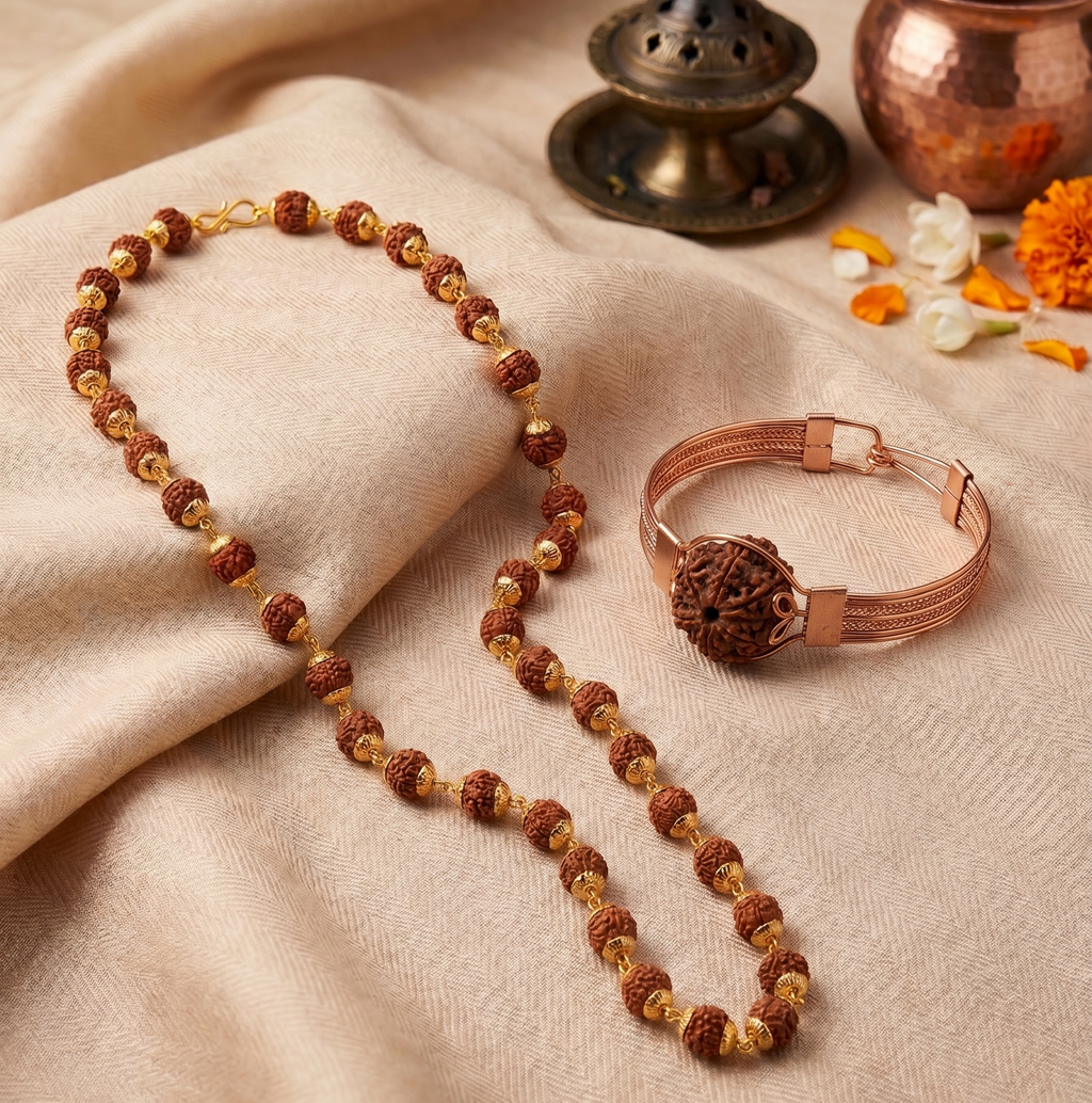 Gold Capped Rudraksha Mala & Kada Combo