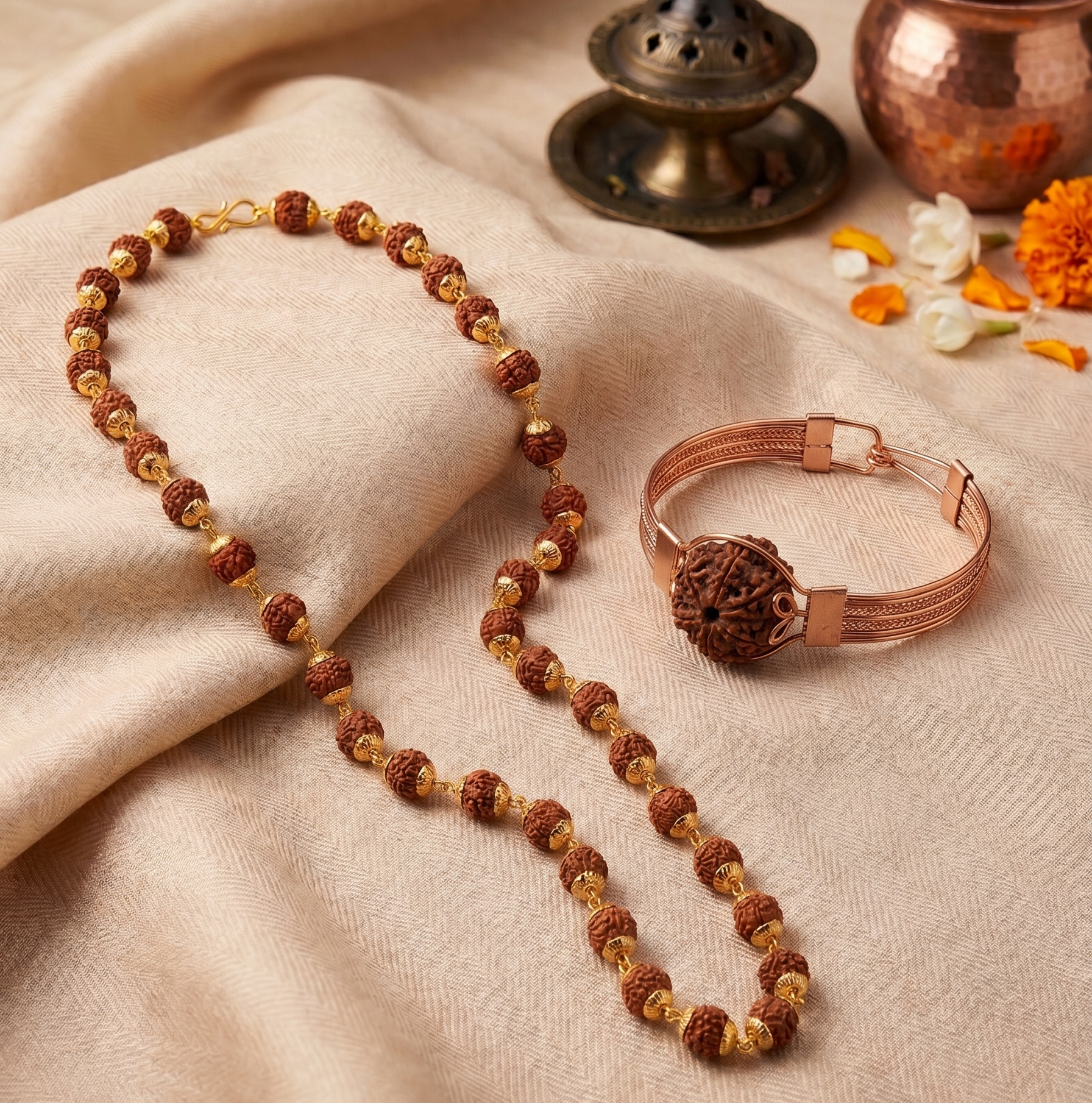 Gold Capped Rudraksha Mala & Kada Combo