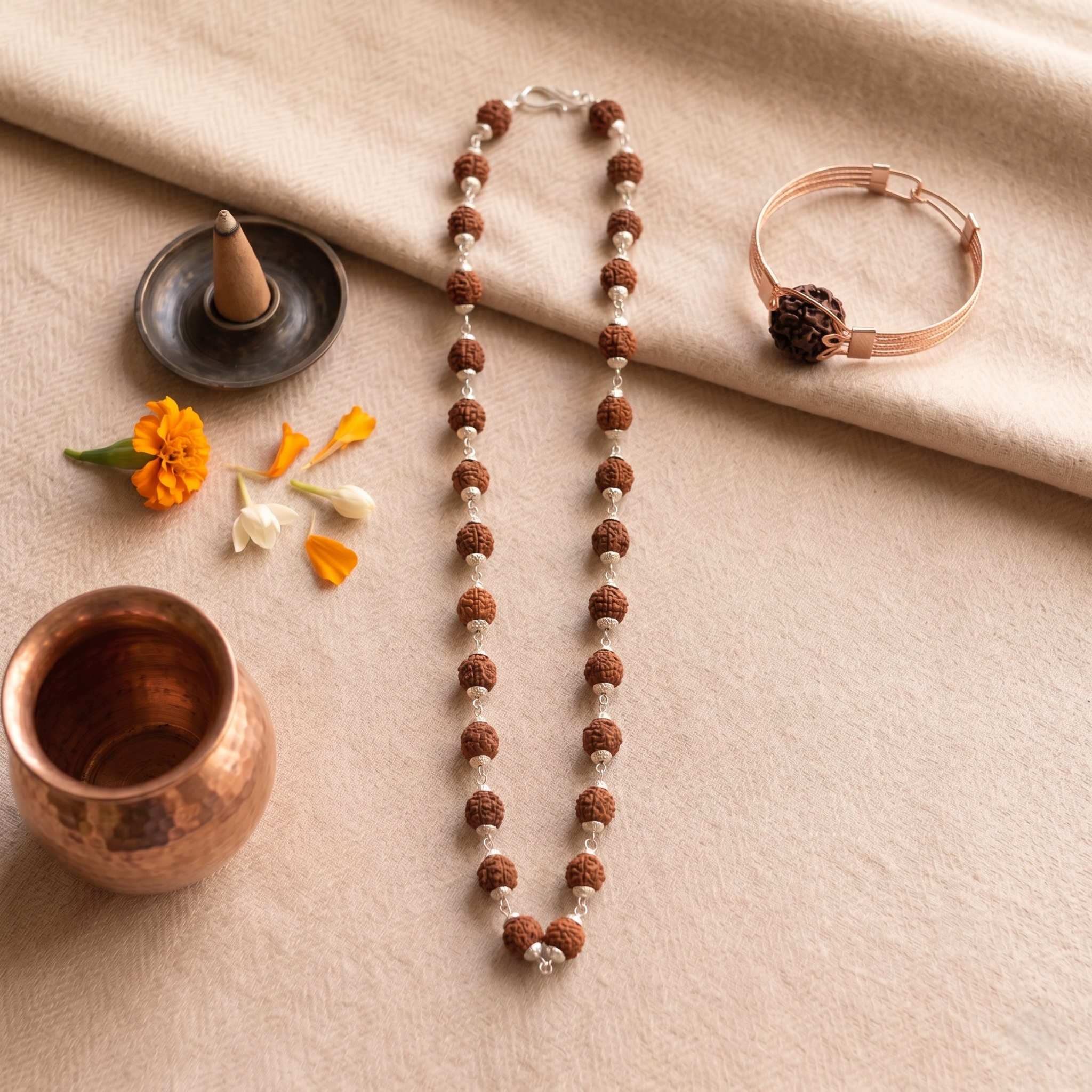 Silver Capped Rudraksha Mala & Kada Combo