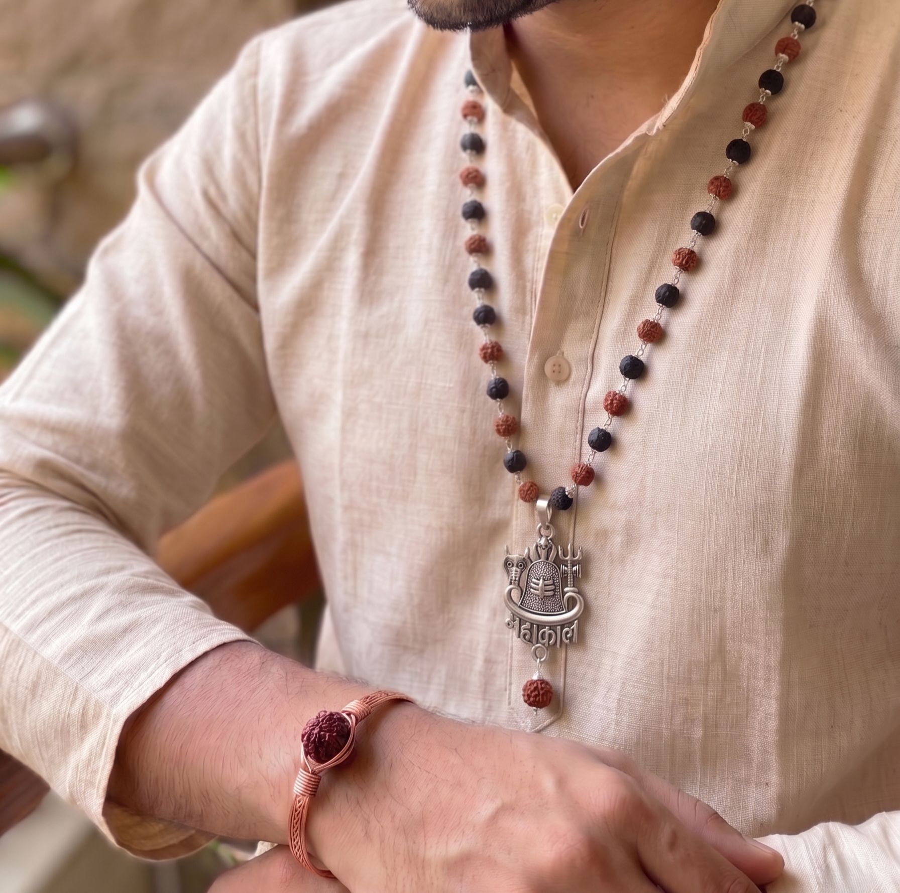 Silver Capped Karungali & Rudraksha Mala & Linga Mahakal Pendent With Kada Combo