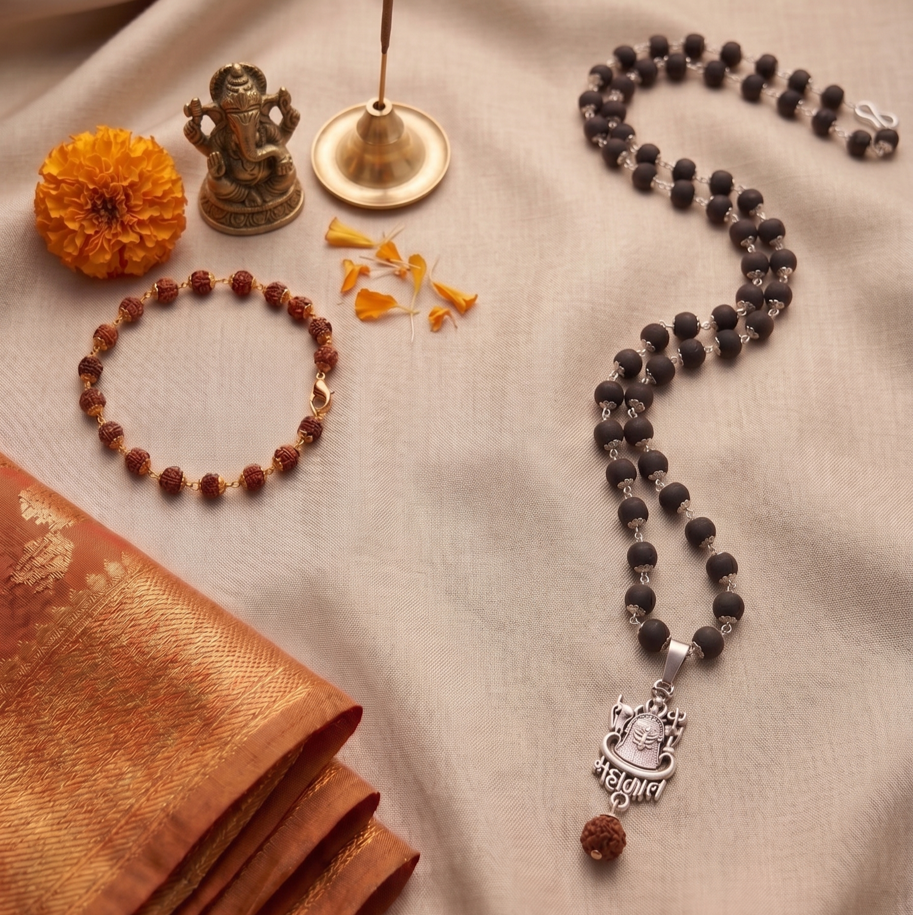 Karungali Silver Capped Mala & Linga Mahakal Pendent With Golden Rudraksha Bracelet Combo