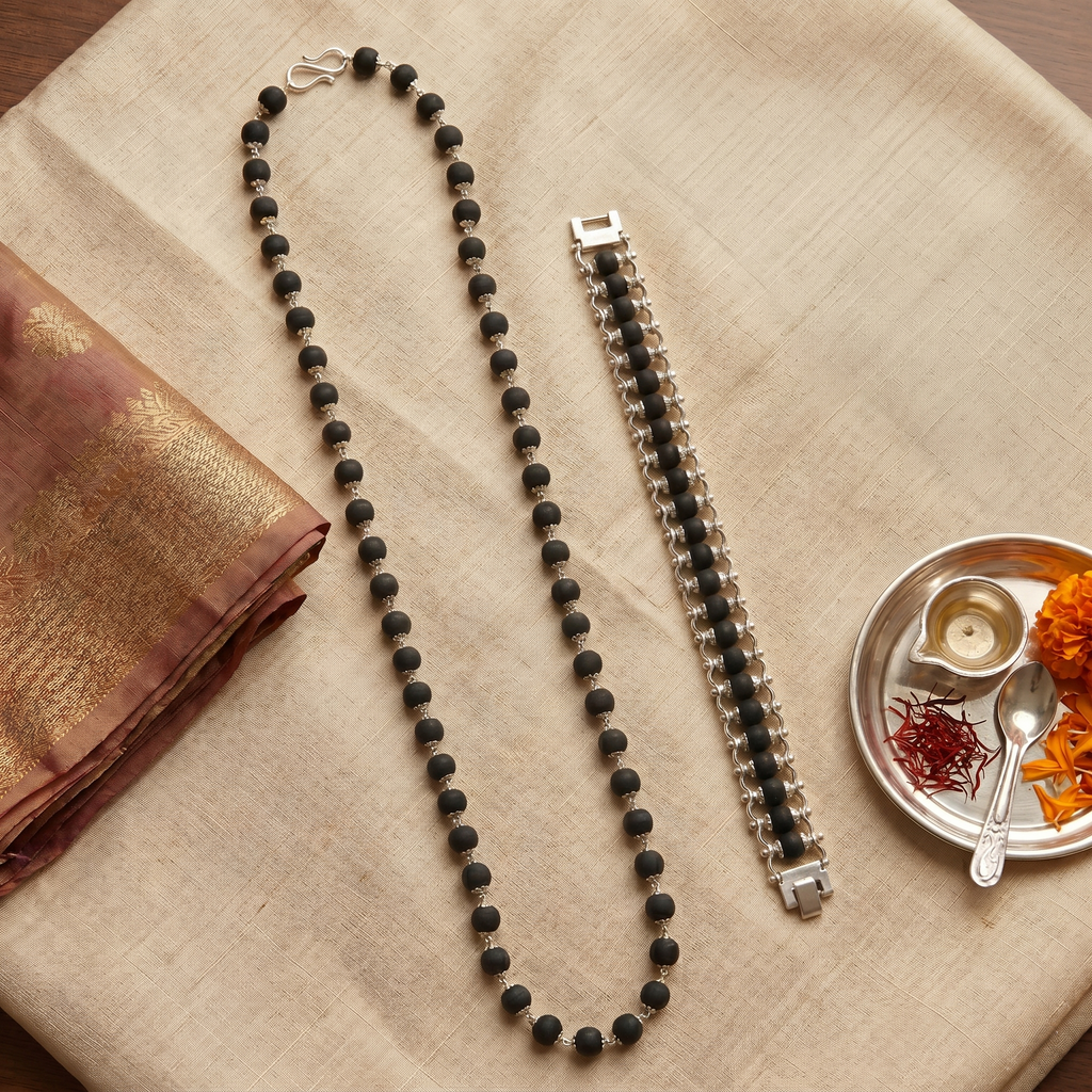 Karungali Silver Capped Mala & Modern Chain Bracelet Combo