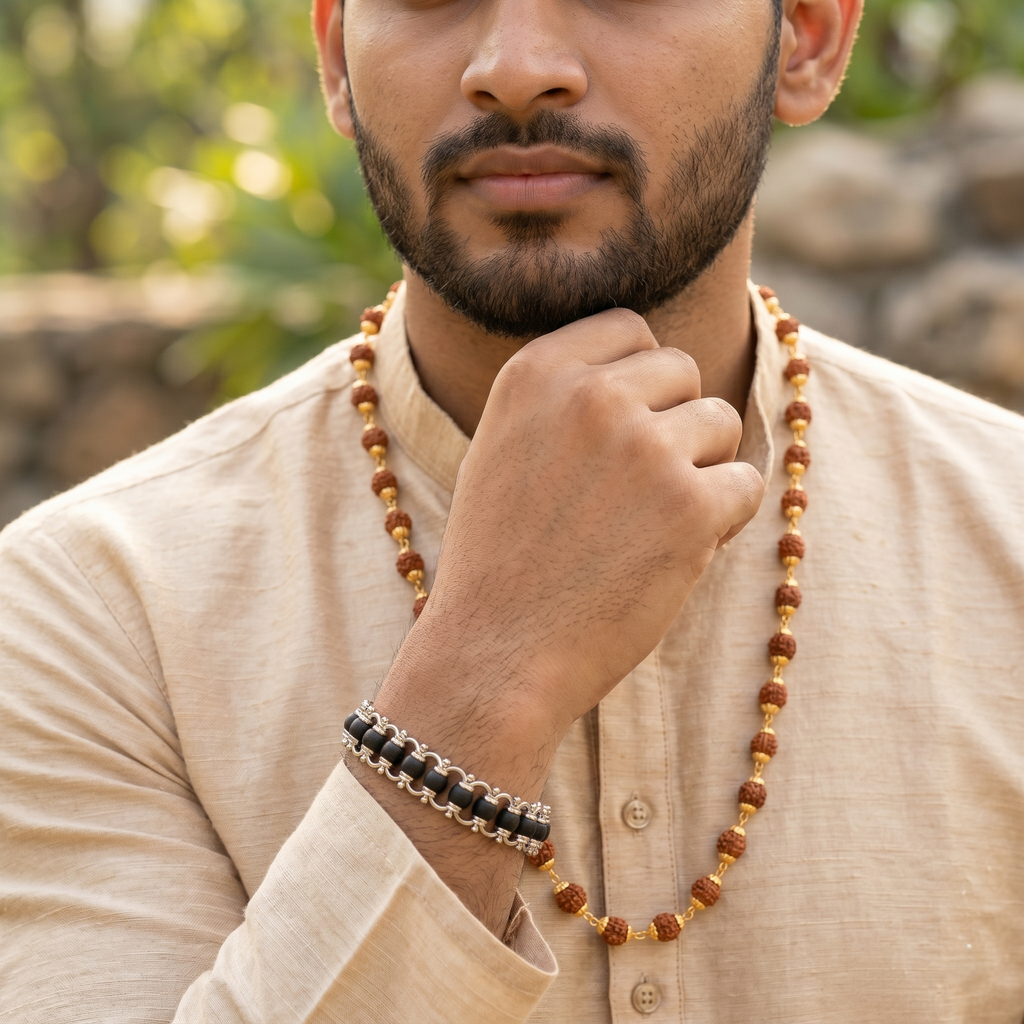 Golden Capped Rudraksha Mala & Modern Chain Bracelet Combo