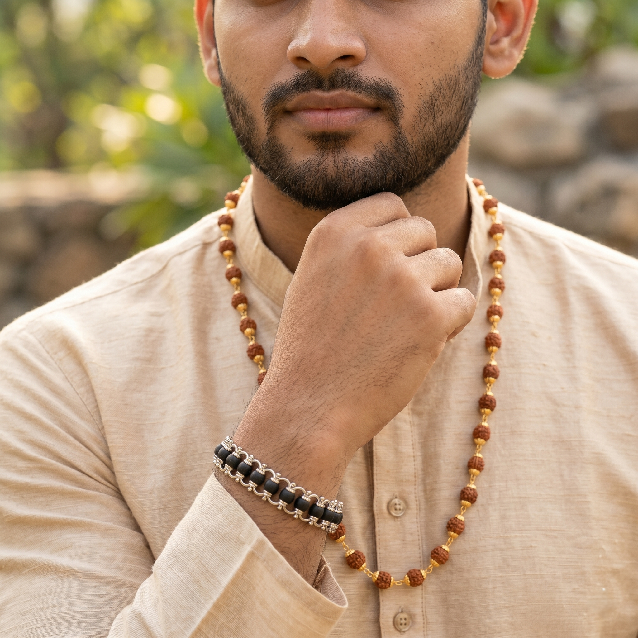 Golden Capped Rudraksha Mala & Modern Chain Bracelet Combo