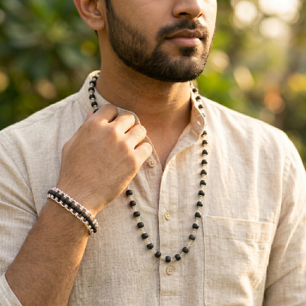 Karungali Silver Capped Mala & Modern Chain Bracelet Combo