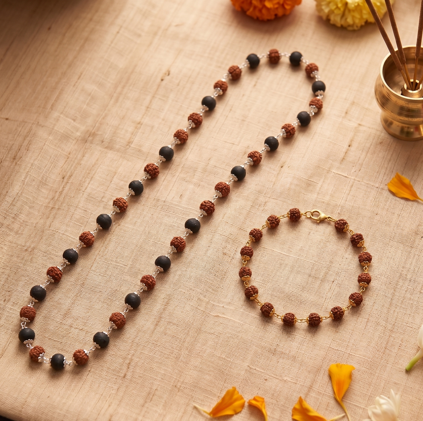 Silver Capped Karungali & Rudraksha Mala & Golden Rudraksha Bracelet Combo