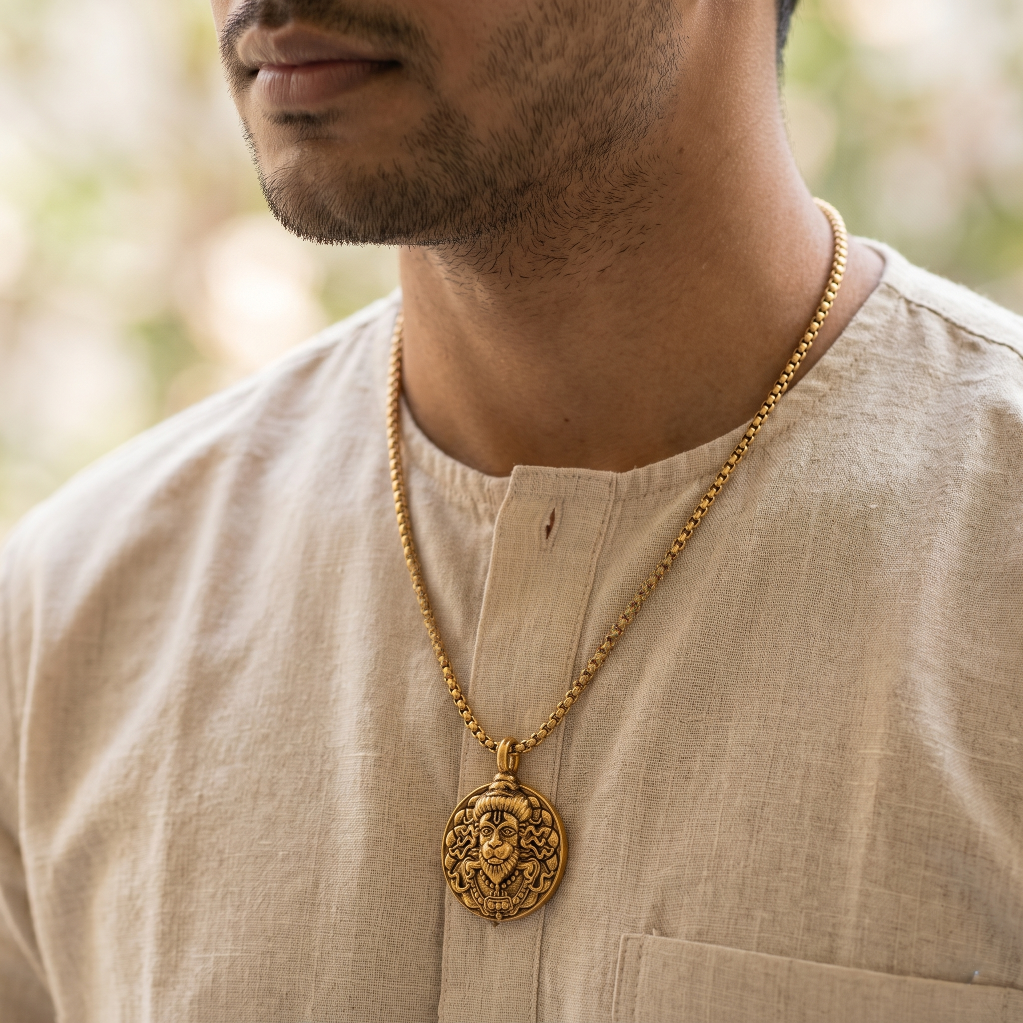 Gold Chain with Hanuman ji Face Round Gold Pendant