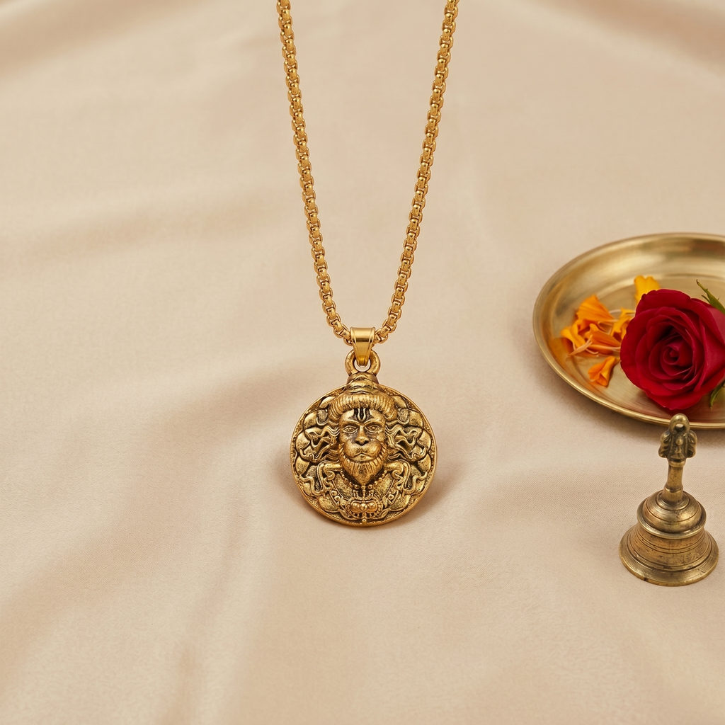Gold Chain with Hanuman ji Face Round Gold Pendant