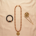 Golden Capped Rudraksha Mala with Hanuman Ji Face Round Pendant & Karungali Damru Bracelet Combo