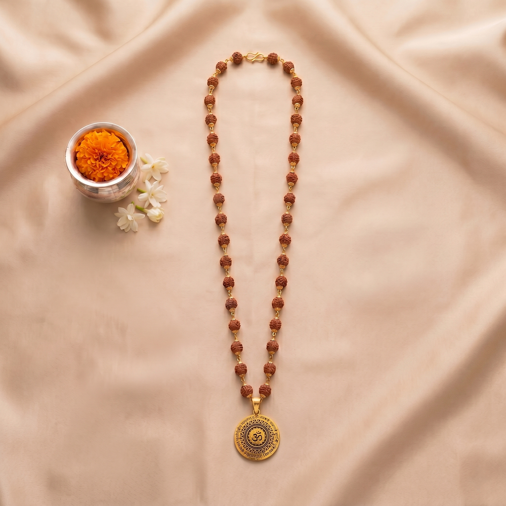 Golden Capped Rudraksha Mala (10mm) with Om Mahamrityunjaya Pendant
