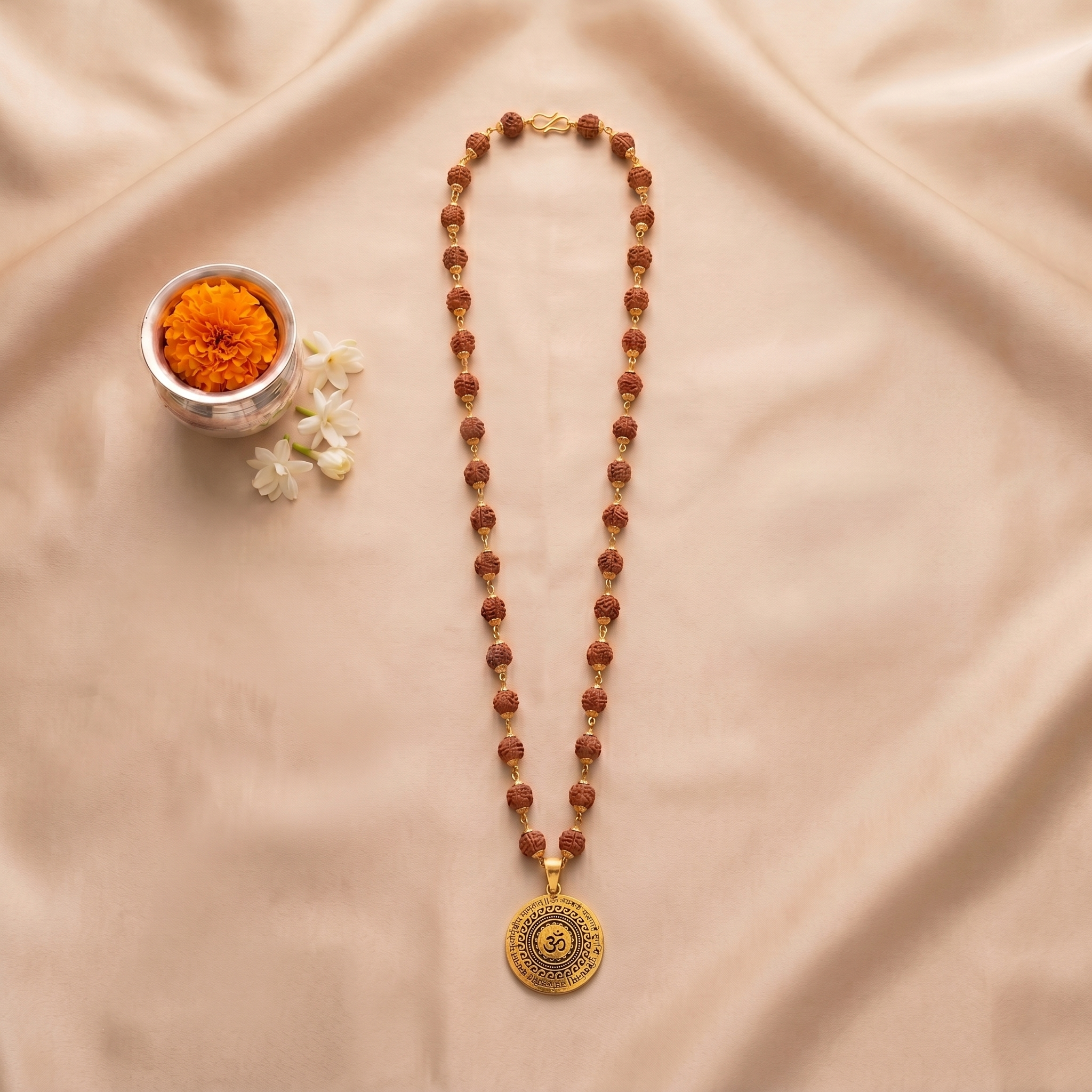 Golden Capped Rudraksha Mala (10mm) with Om Mahamrityunjaya Pendant