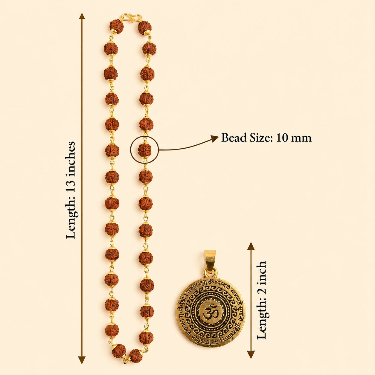 Golden Capped Rudraksha Mala with Om Mahamrityunjaya Pendant & Karungali Damru Bracelet Combo