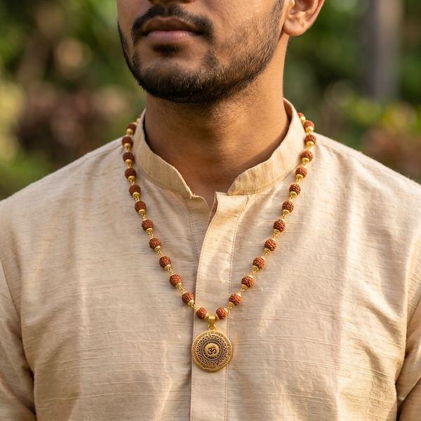 Golden Capped Rudraksha Mala (10mm) with Om Mahamrityunjaya Pendant