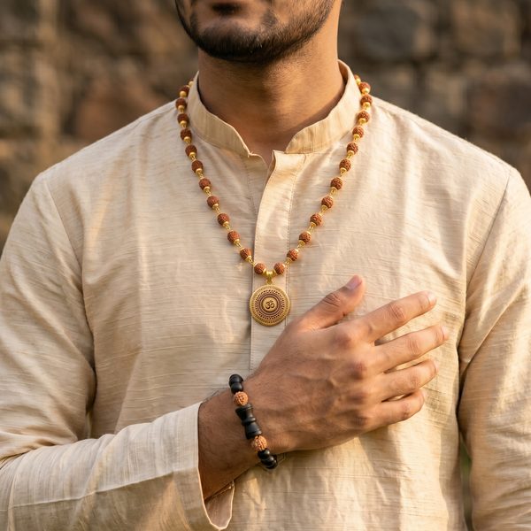Golden Capped Rudraksha Mala with Om Mahamrityunjaya Pendant & Karungali Damru Bracelet Combo