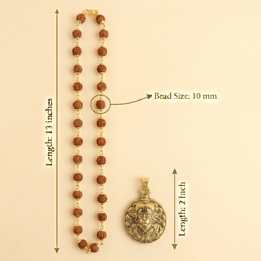 Golden Capped Rudraksha Mala with Hanuman Ji Face Round Pendant & Karungali Damru Bracelet Combo
