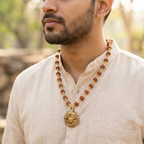Golden Capped Rudraksha Mala with Hanuman Ji Face Round Pendant